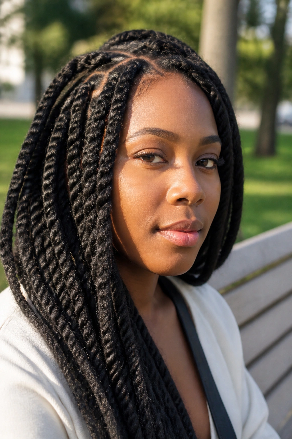 Close-up of a real person with dense Marley twists in matte finish