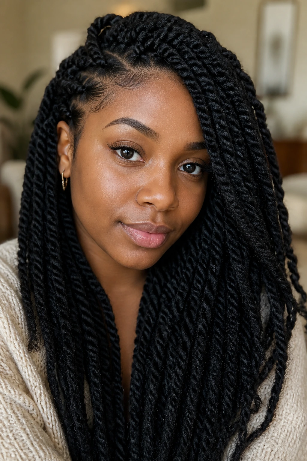 Close-up of a real woman with Marley twists, matte textured Afro-inspired hair