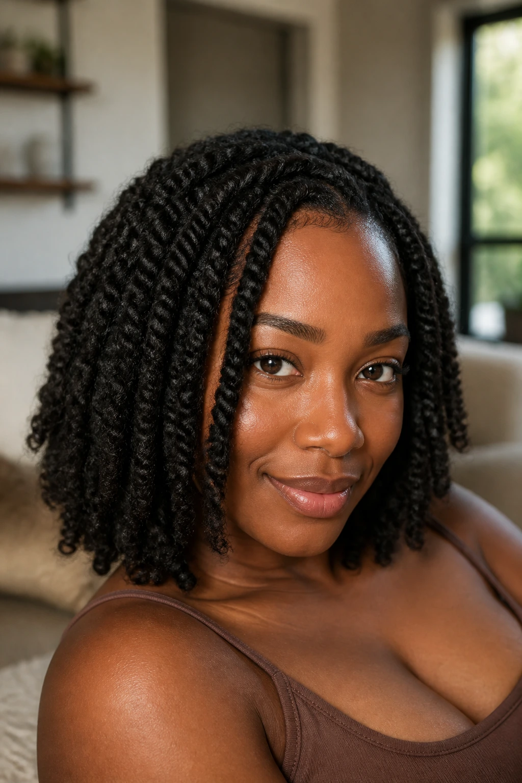 Close-up of a real woman with Marley twists in a cozy room light