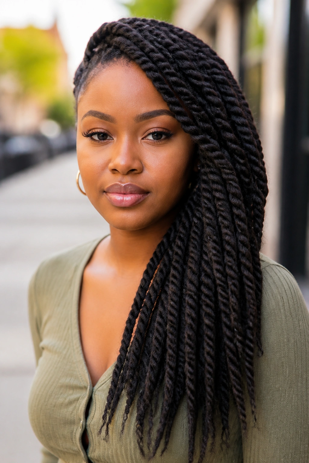 Close-up portrait of a woman with Marley twists swept to one side in urban daylight