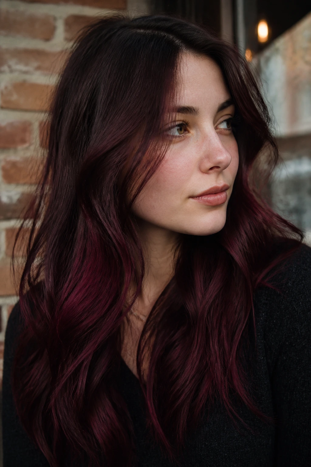 Portrait of a woman with maroon melt hair on brunette base and dark roots.