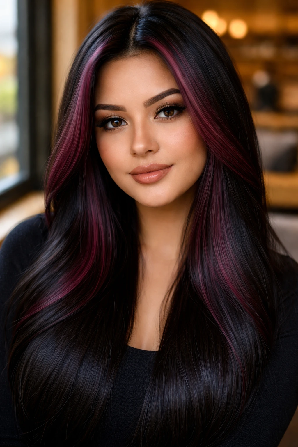 Close-up of a real woman with black hair and maroon-purple money-piece highlights framing the face