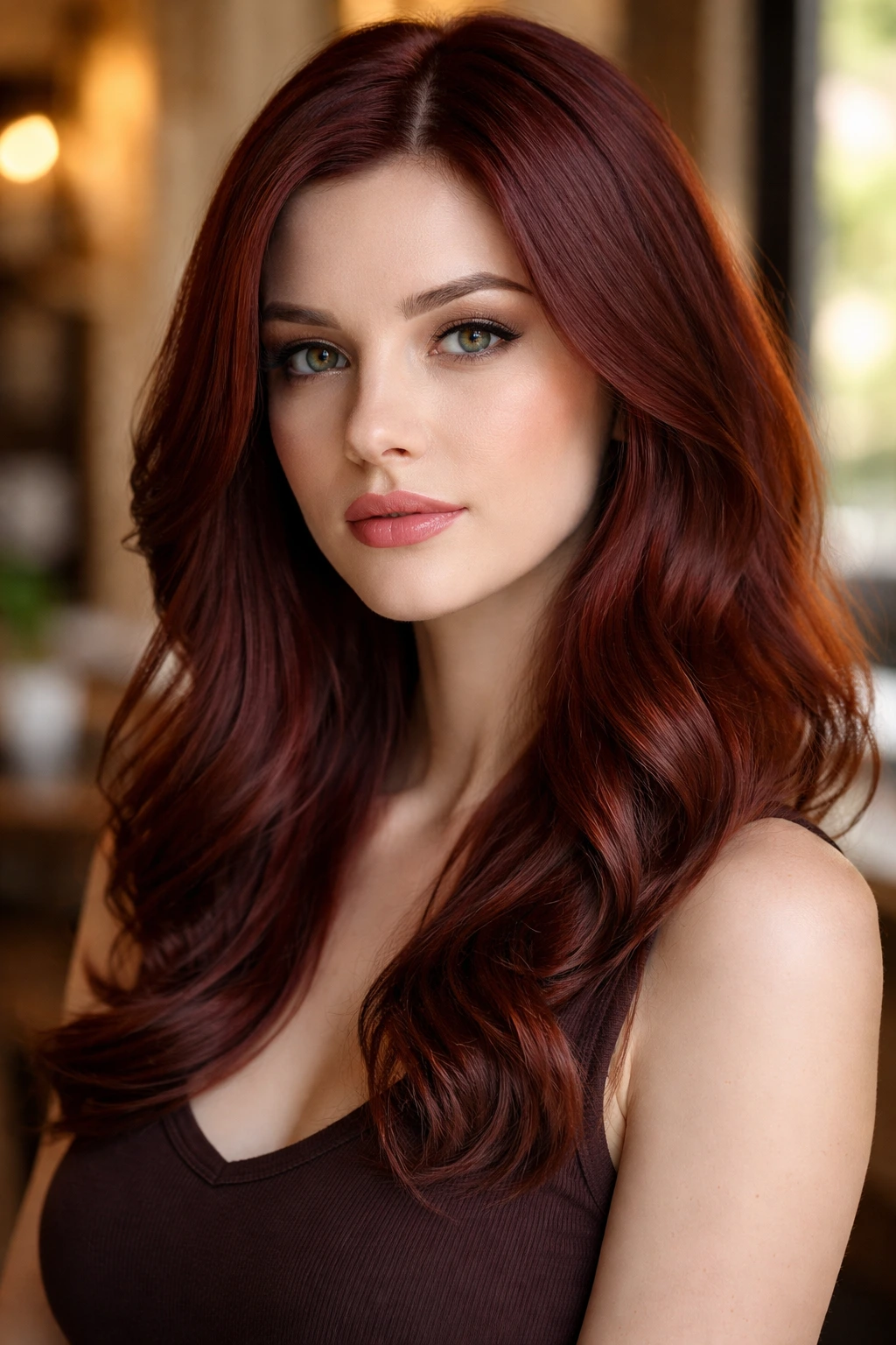 Close-up portrait of Marsala auburn hair with wine tones.