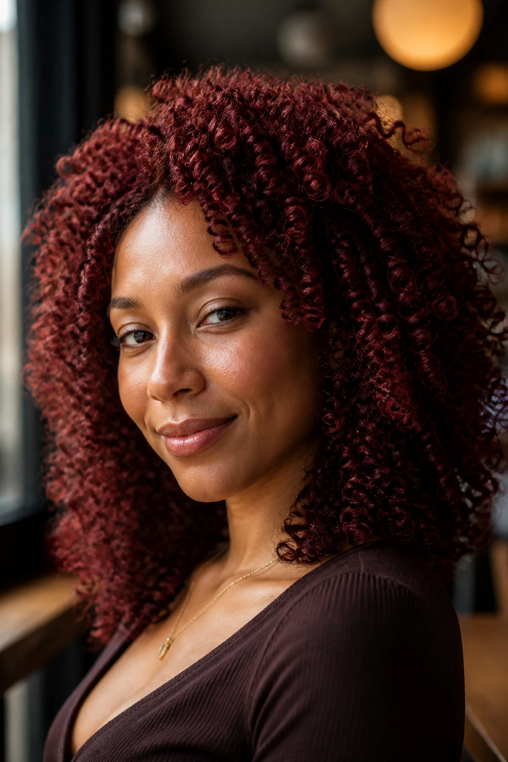 Close-up of a real woman with Marsala coil glow hair in a cafe setting