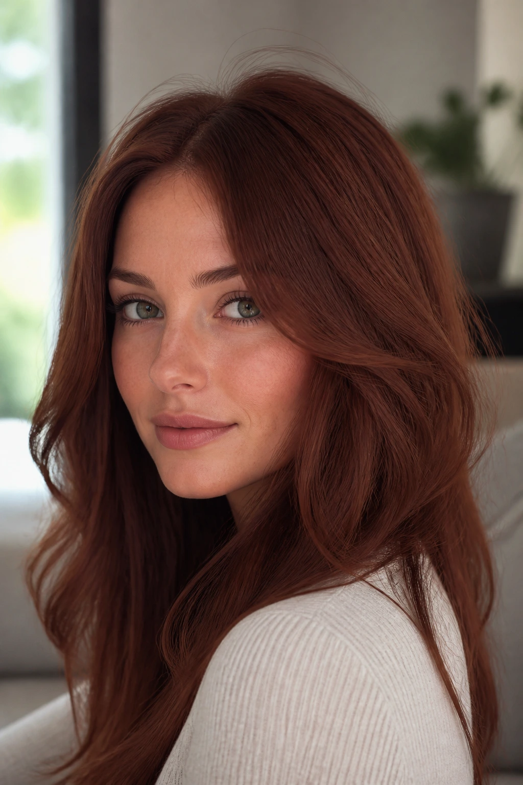 Close-up of a real person with matte auburn hair under natural window light