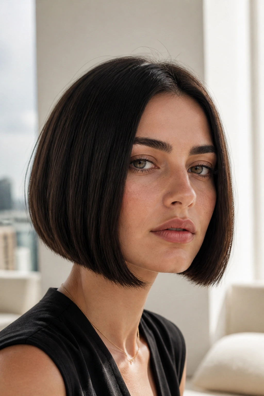 Close-up portrait of a real person with matte espresso blunt bob and crisp edges