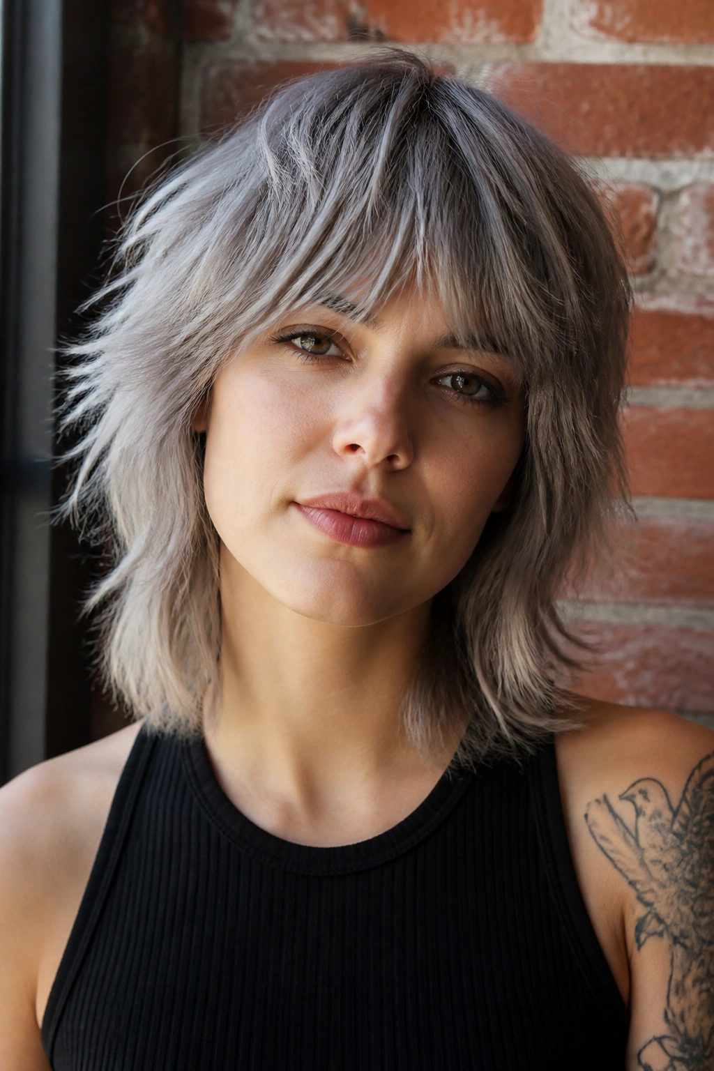 Close-up of someone with matte mushroom silver shag cut