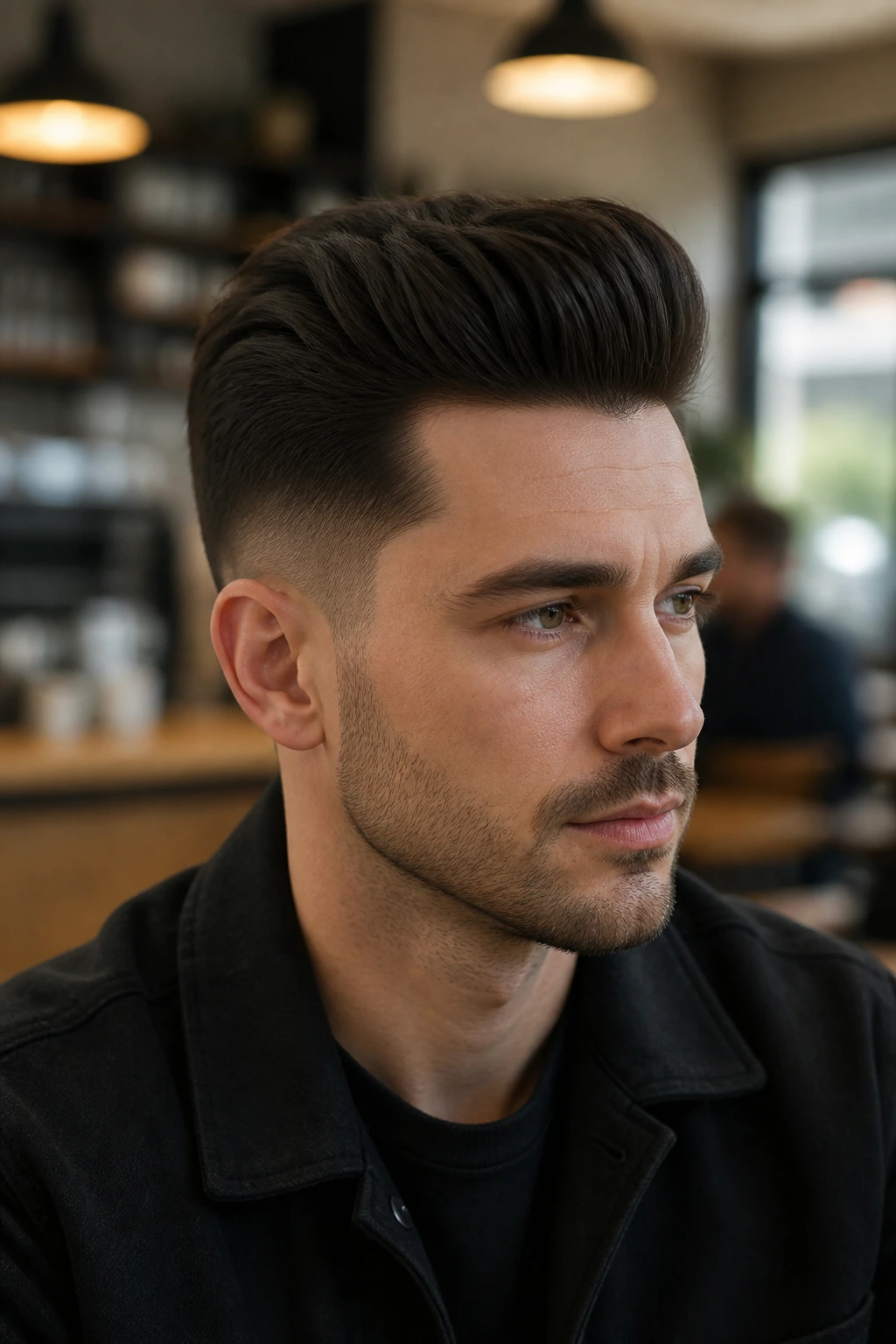 Man with matte pompadour in warm cafe lighting