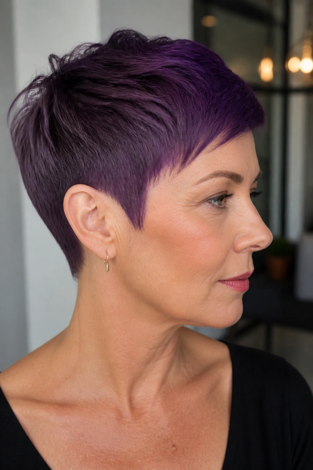 Close-up portrait of a real woman with matte purple pixie and tapered temples