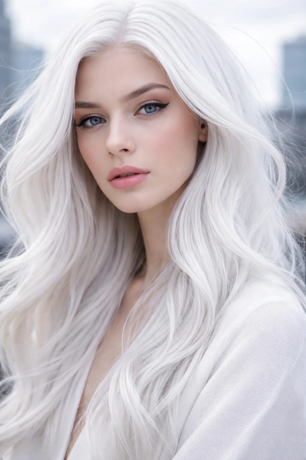 Close-up of matte white hair on a real person