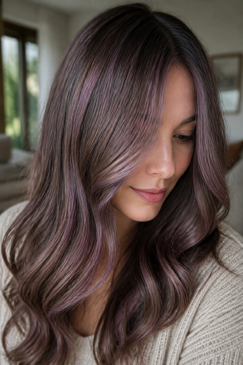 Close-up of ash brown hair with mauve babylights