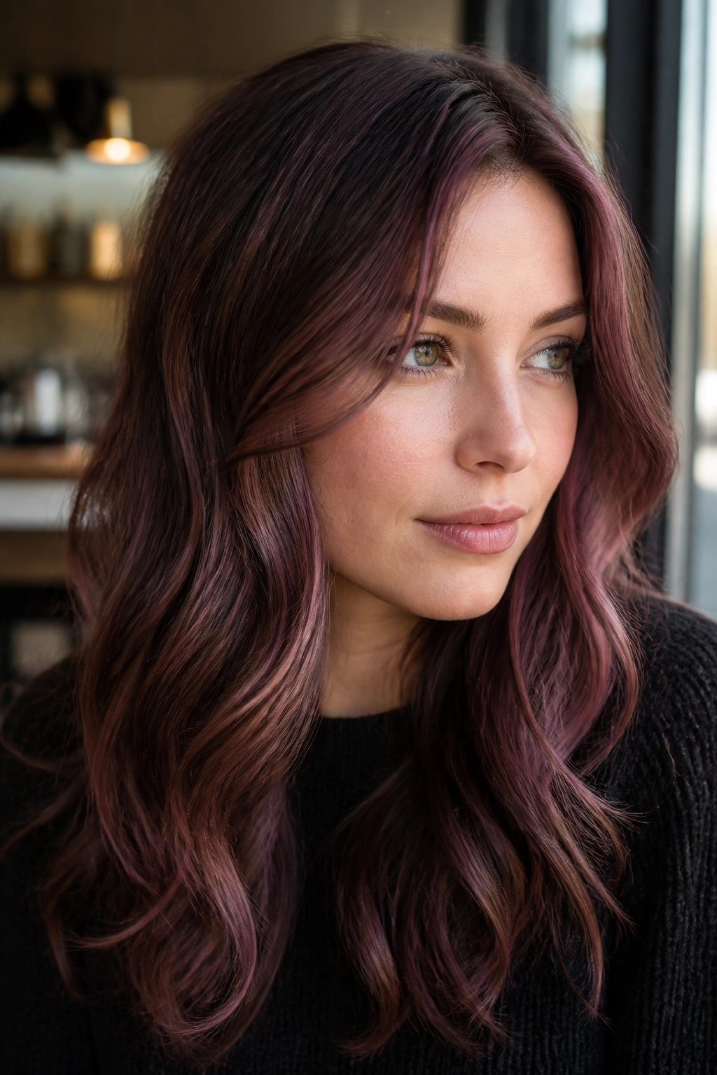 Close-up portrait of a real woman with mauve babylights on chestnut brown hair.