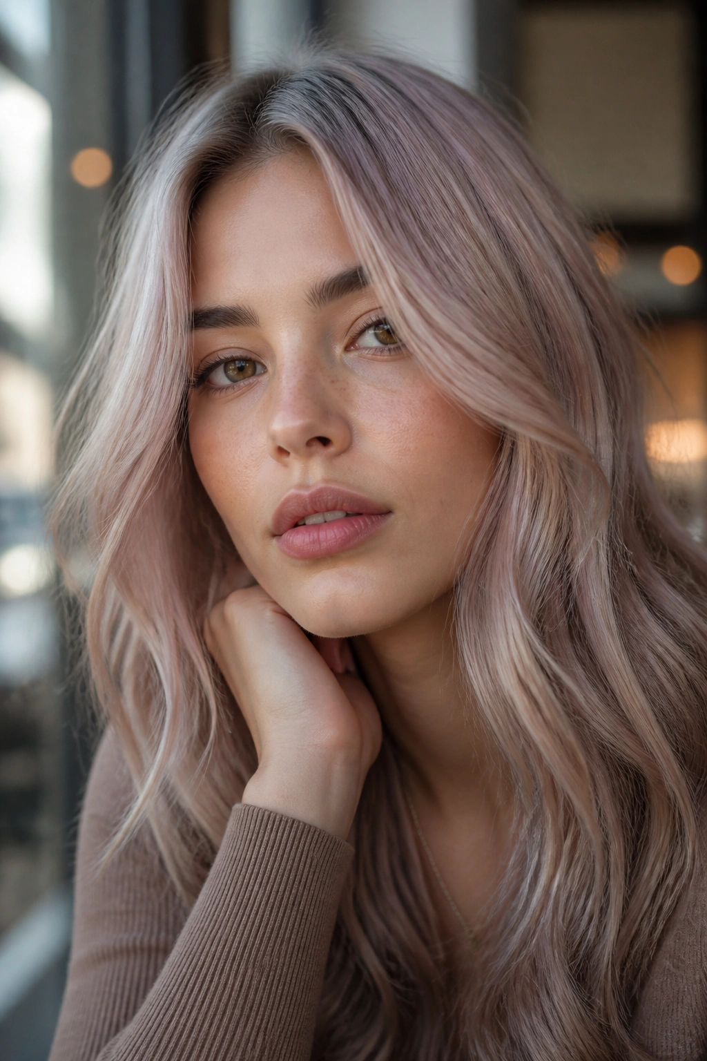 Close-up portrait of a real person with mauve beige blonde hair at a cafe window