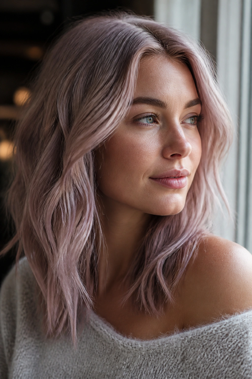 Close-up of Mauve Beige Blonde with a soft beige base and mauve lavender tones in natural light