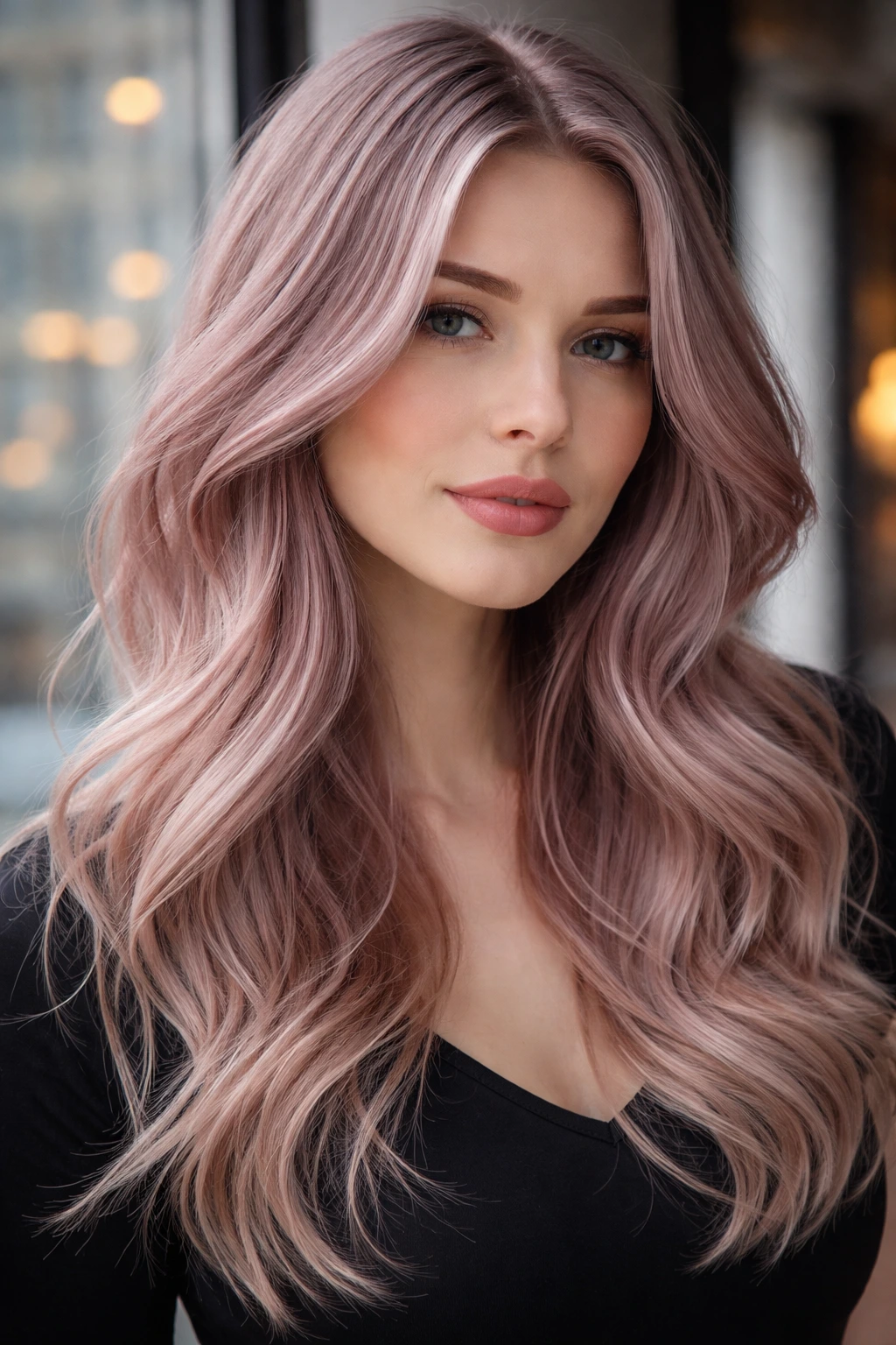 Close-up of a real woman with mauve-blonde hair in a city-window setting
