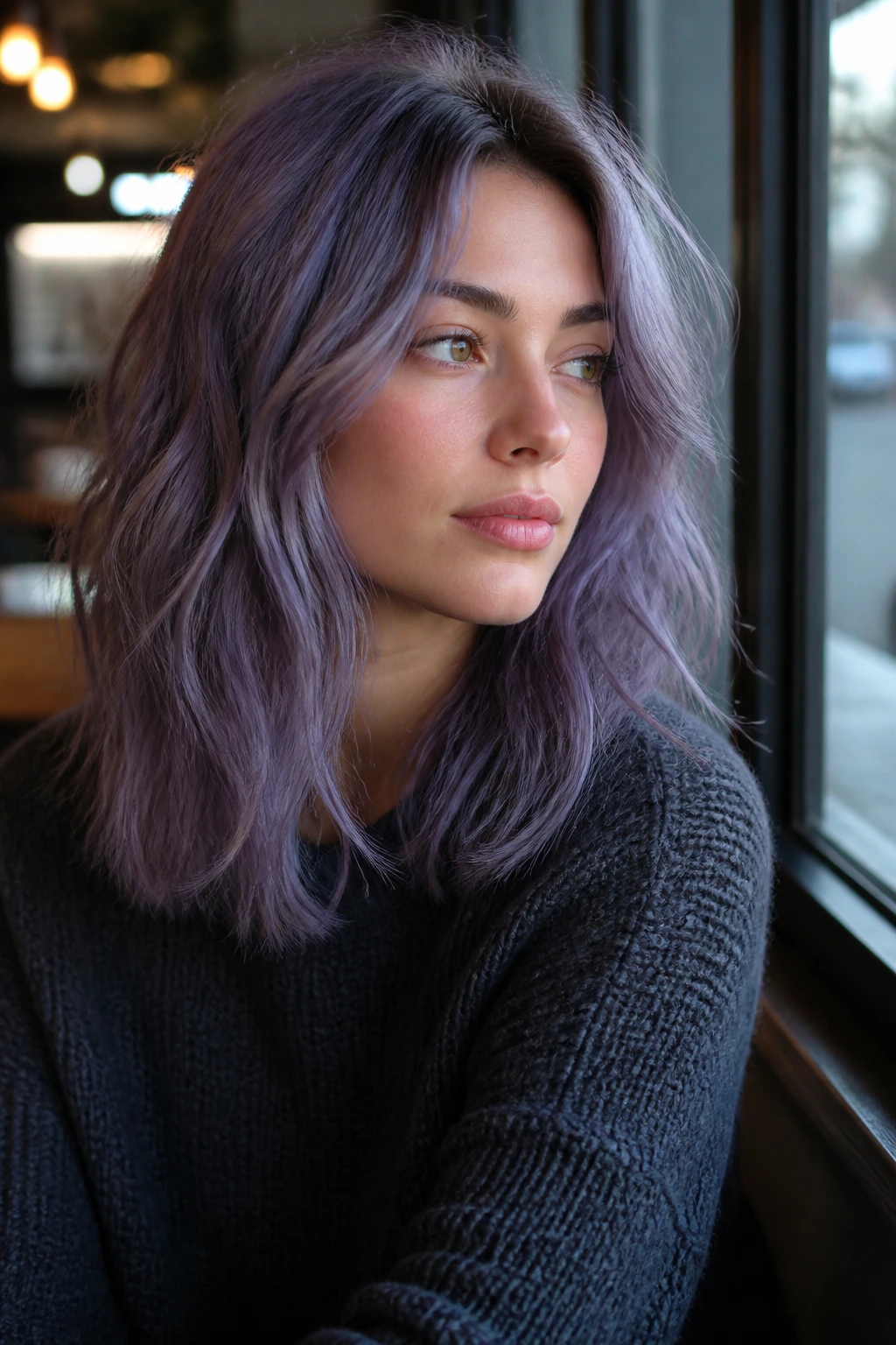Portrait of a woman with soft mauve-blue cloud hair in natural light