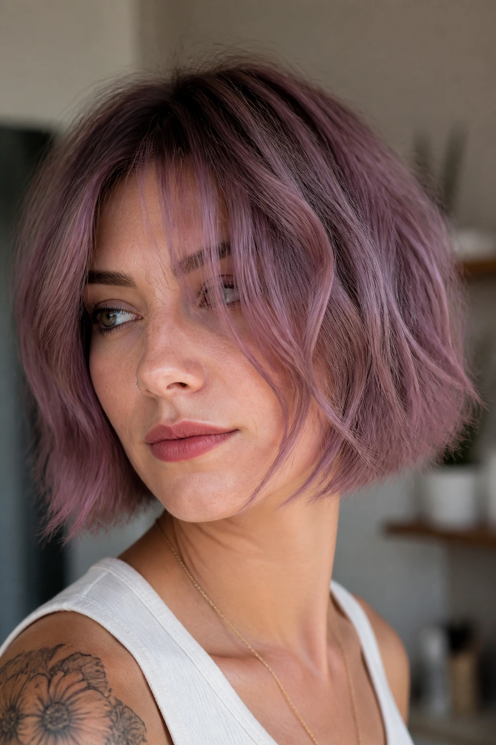 Portrait of a real woman with mauve choppy bob and airy ends