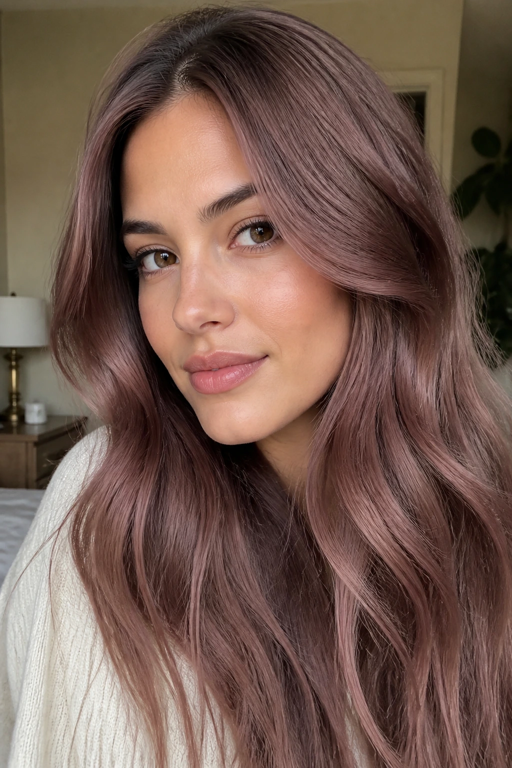 Close-up of a real woman with mauve brown hair in soft window light