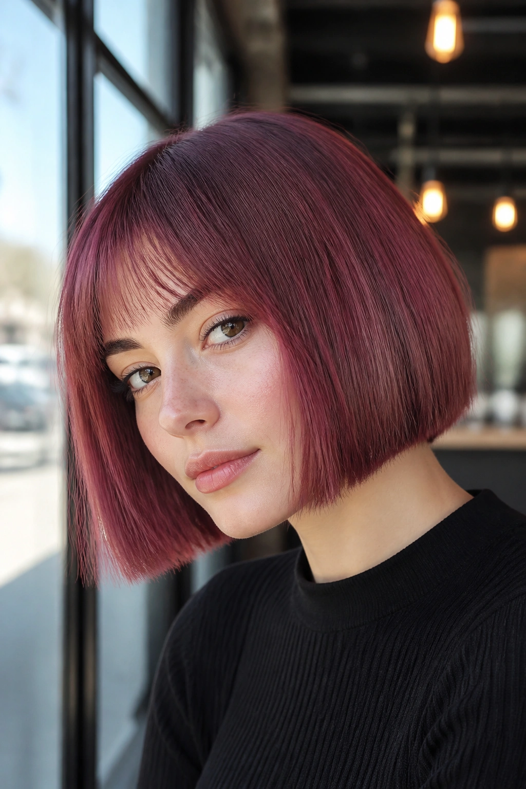 Close-up of mauve burgundy bob in natural light.