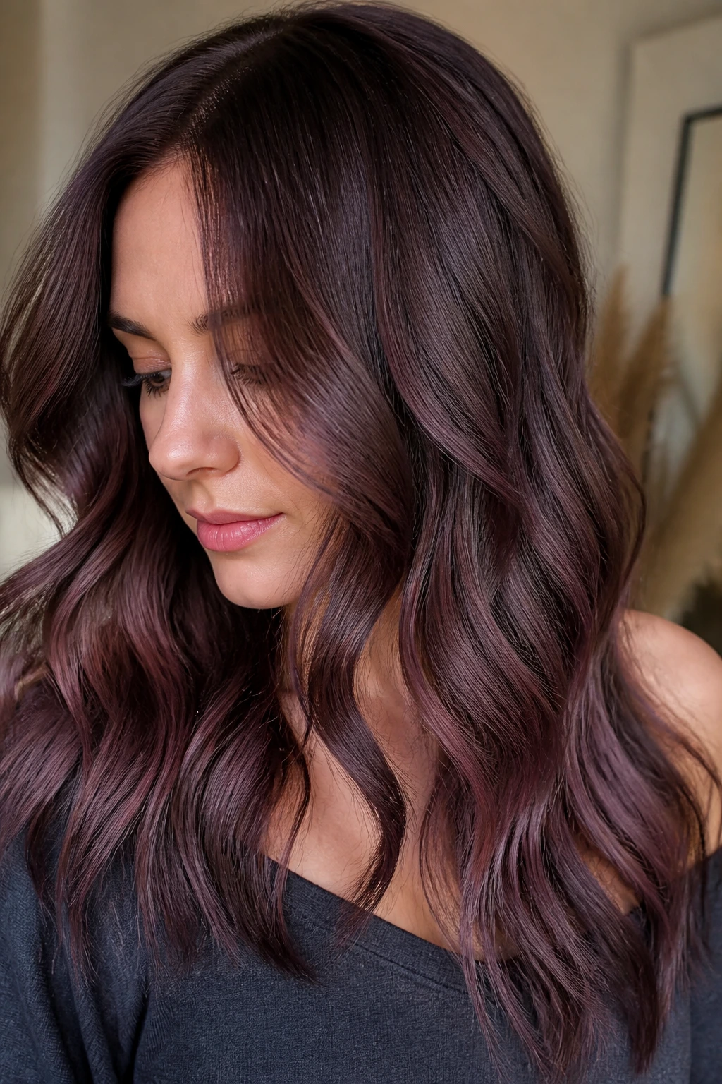 Close-up of real person with mauve chocolate brown hair