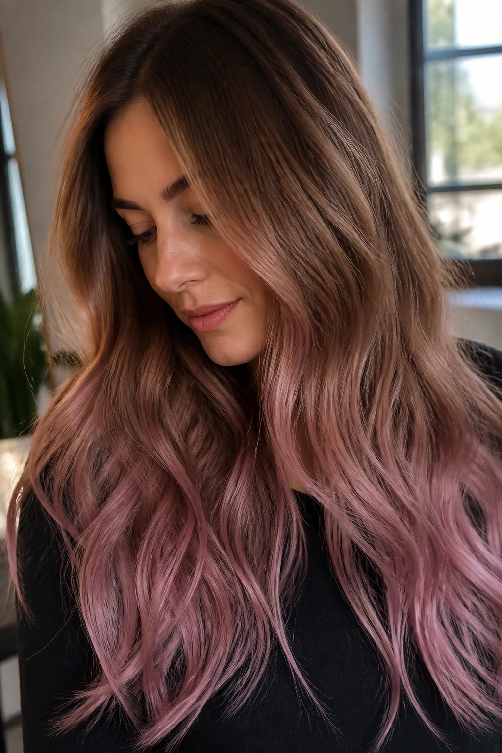 Close-up of real woman with honey brown hair and mauve pink ends