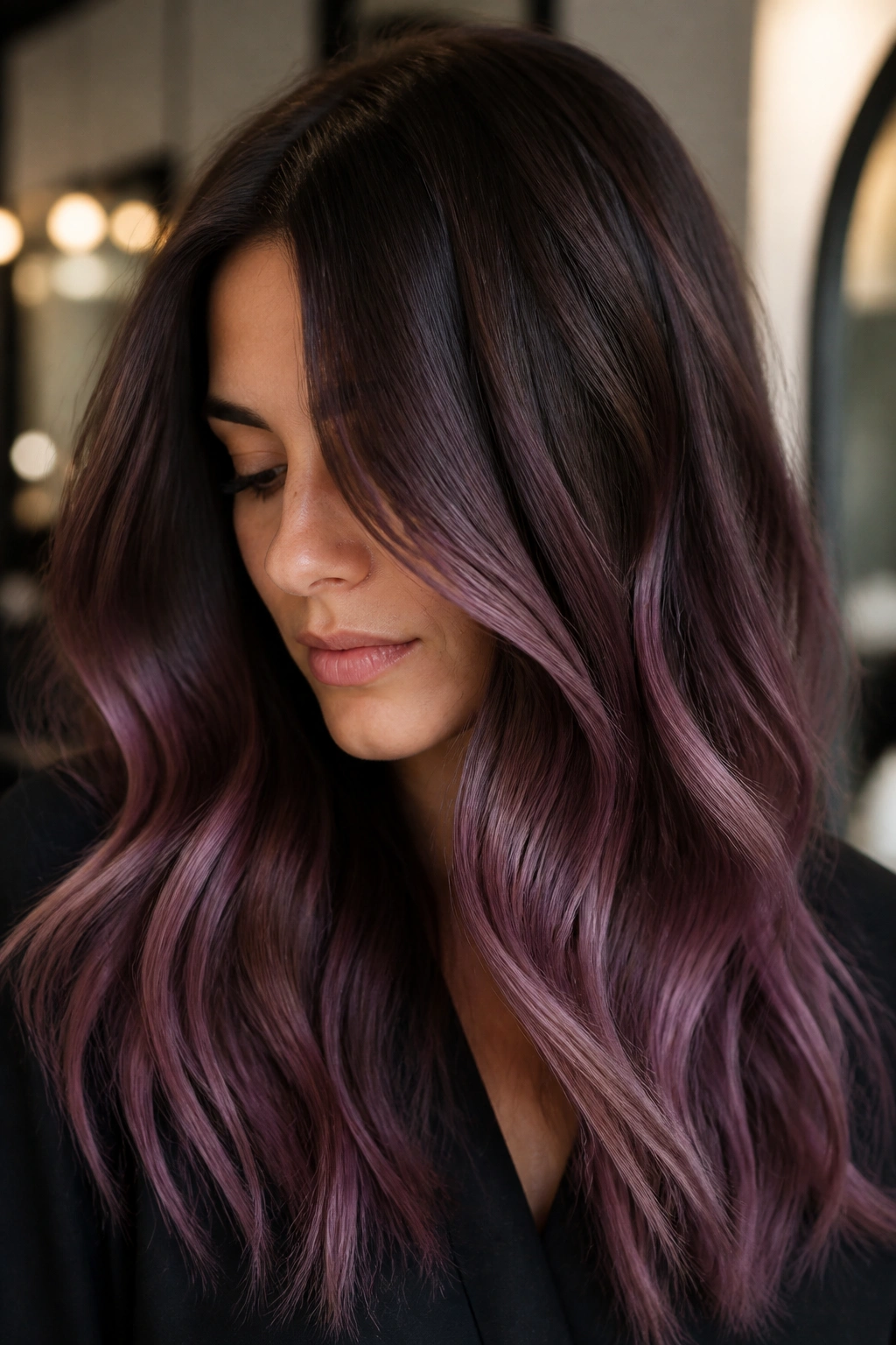 Brunette with mauve melt gradient from root to ends