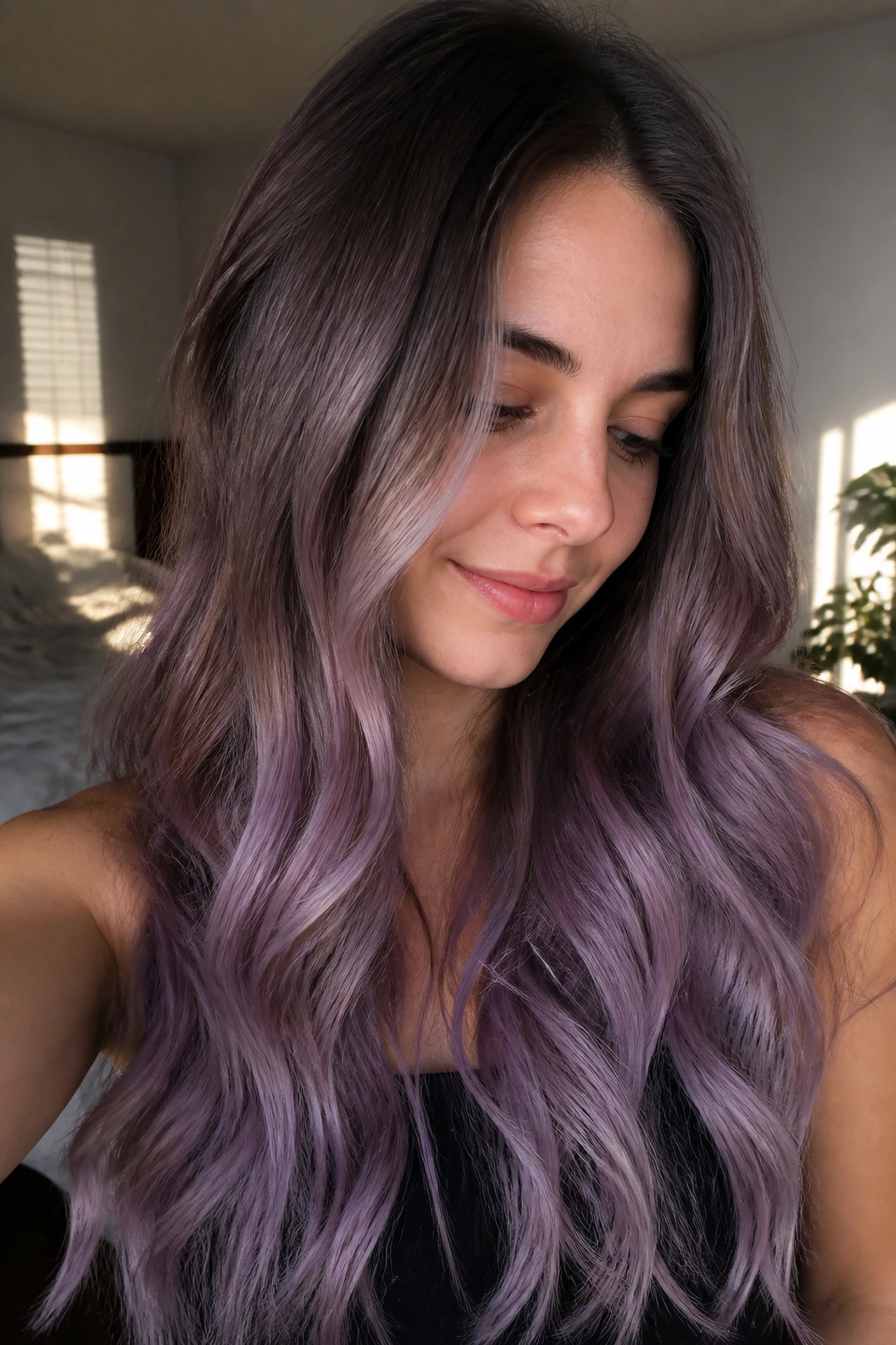 Brunette with mauve-lavender melt from root to end
