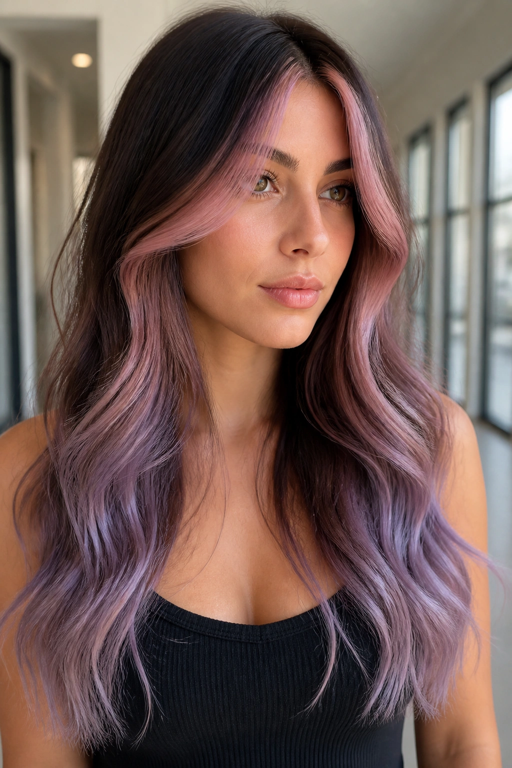 Close-up of a real woman with mauve face-framing money pieces and lavender ends