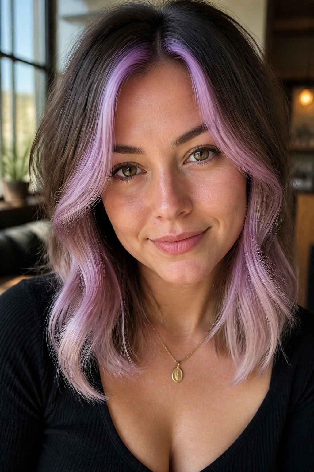Close-up of mauve-lilac face-framing highlights around the front hair with soft ends
