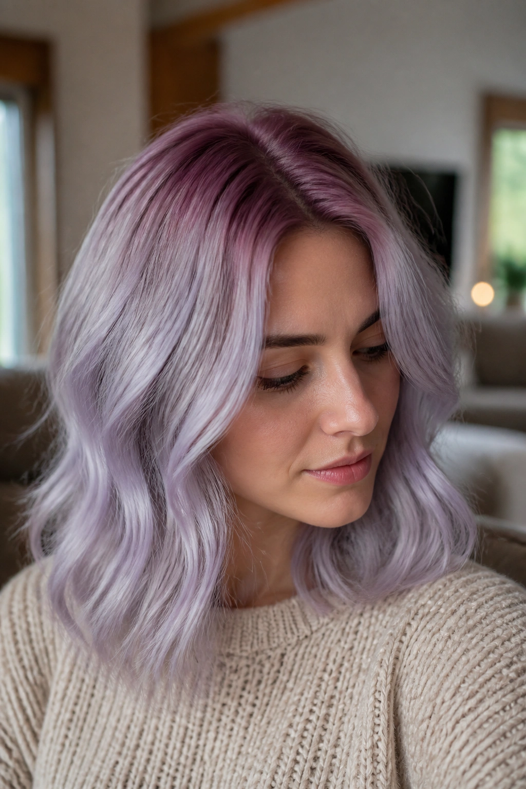 Close-up of mauve-to-lilac root shadow on real person.