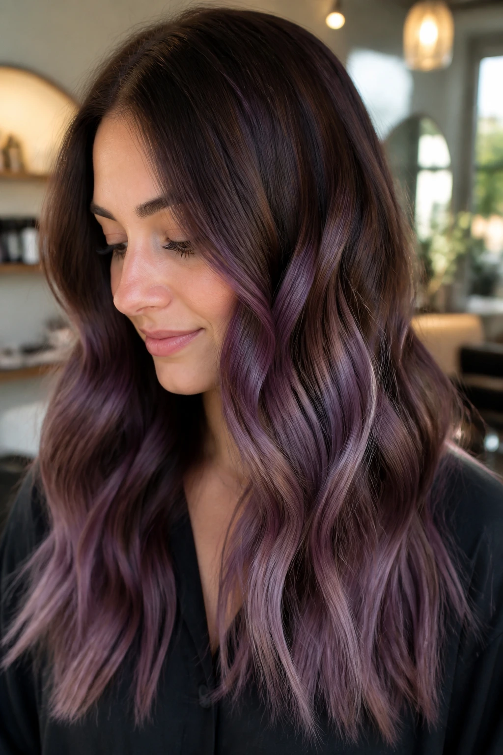 Close-up of chestnut brown hair with a cool mauve melt in soft salon lighting
