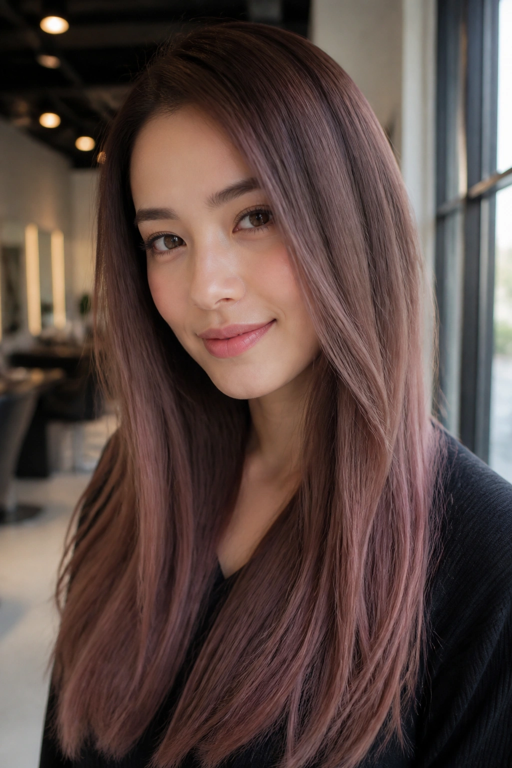 Close-up of mauve mocha melt hair on cool skin with blue-red softness.
