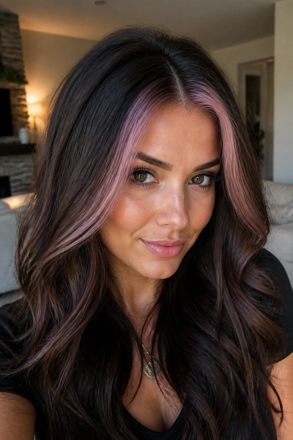 Close-up of brunette with mauve money piece along the part line