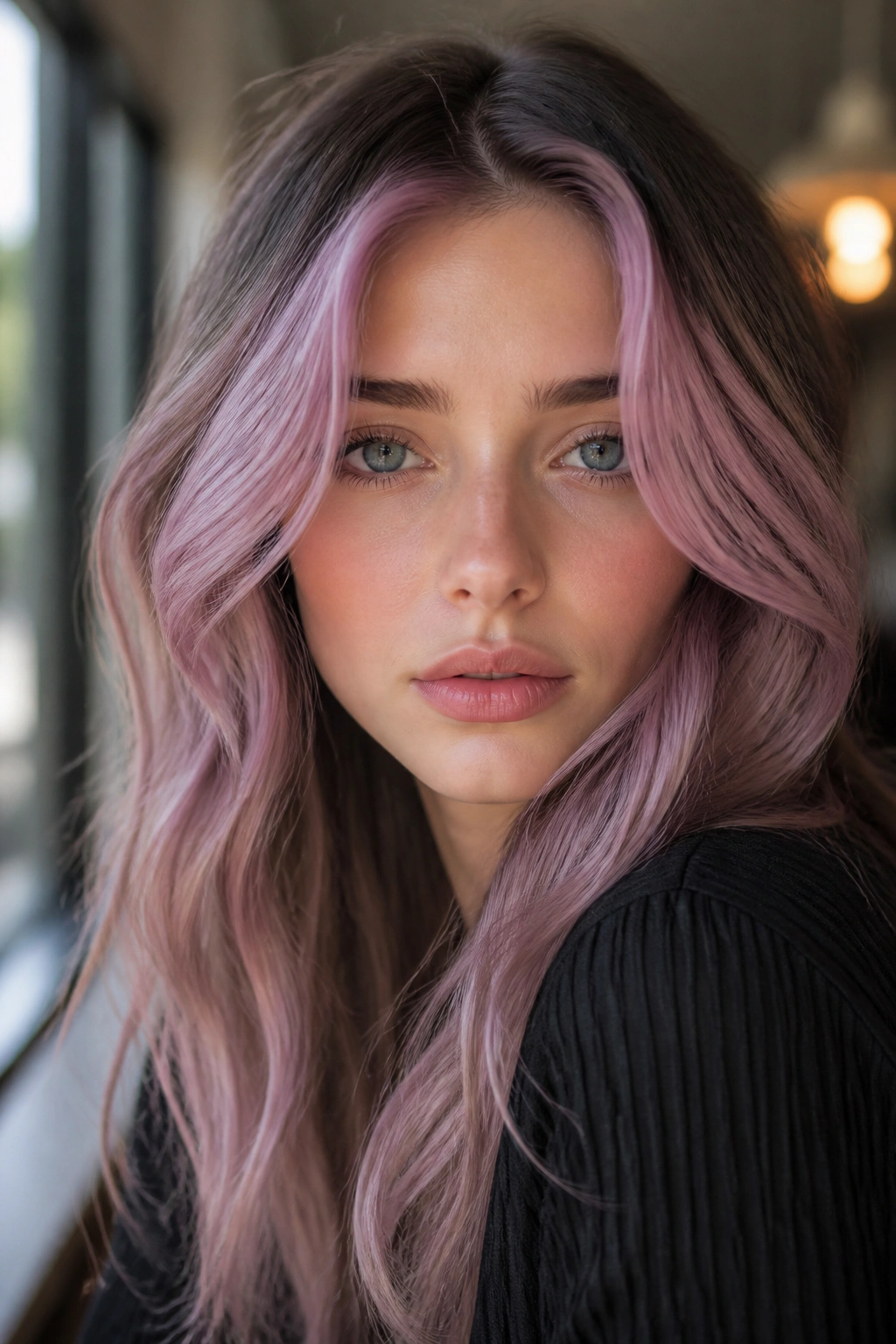 Close-up portrait of a real woman with a mauve money piece framing her face, cool undertones.