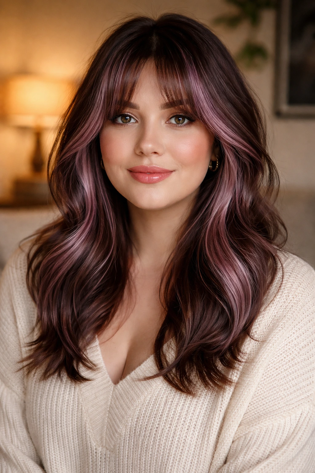 Close-up portrait of a real person with mauve money pieces and curtain bangs