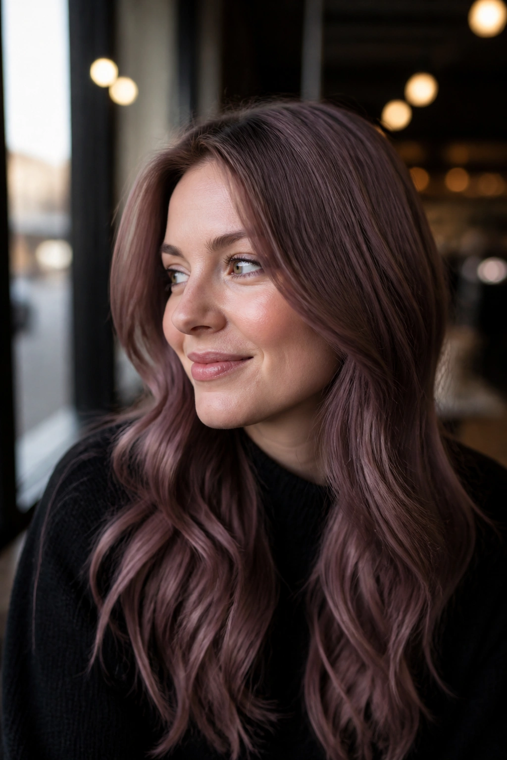 Close-up of a person with mauve mushroom brown hair in cafe window light.