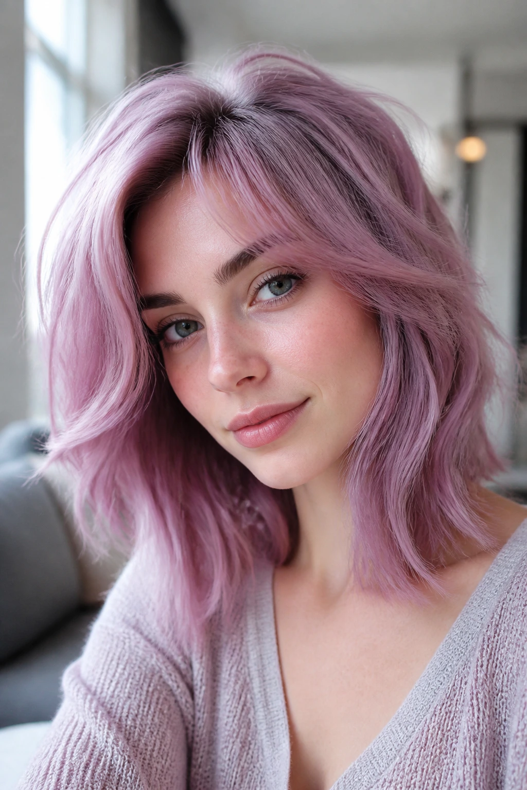 Close-up portrait of a real woman with mauve orchid hair in natural window light.