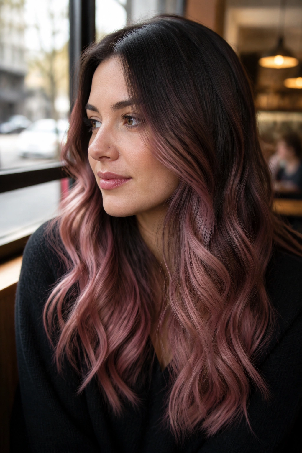Close-up portrait of a real person with mauve pink balayage on cool skin