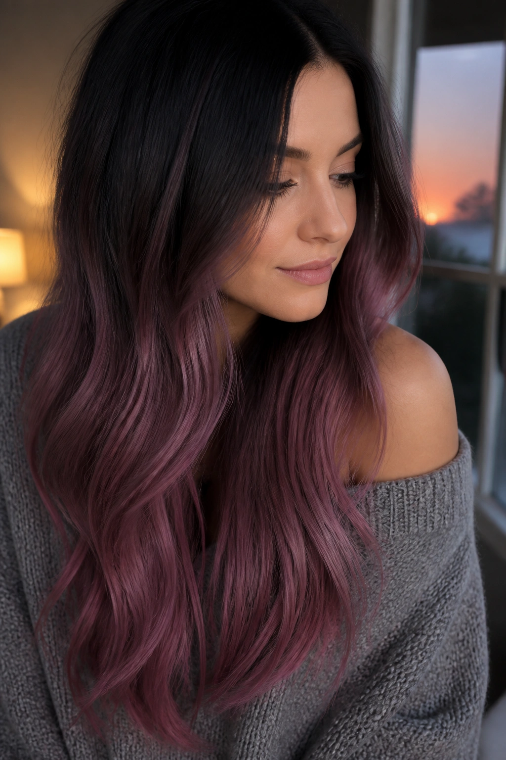 Close-up portrait of a real woman with black roots fading to mauve pink on long hair.