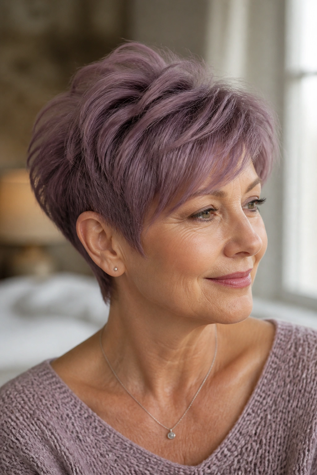 Real person wearing mauve purple pixie cut with long crown layers in soft natural light