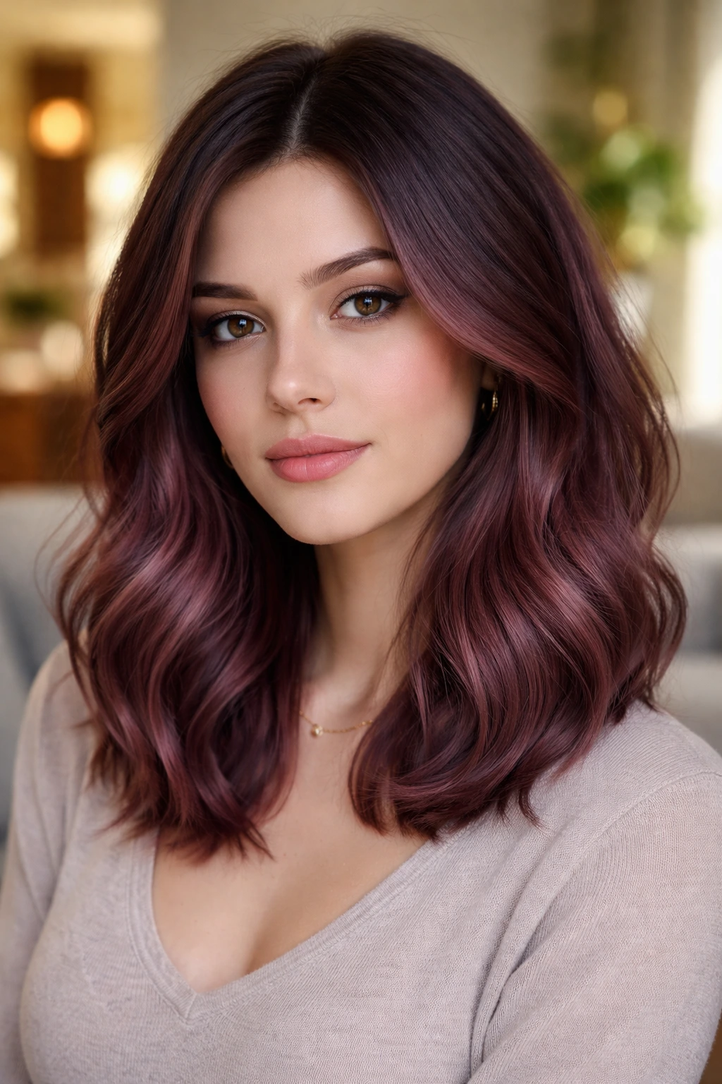 Close-up of a real person with mauve-red sombré hair gradient