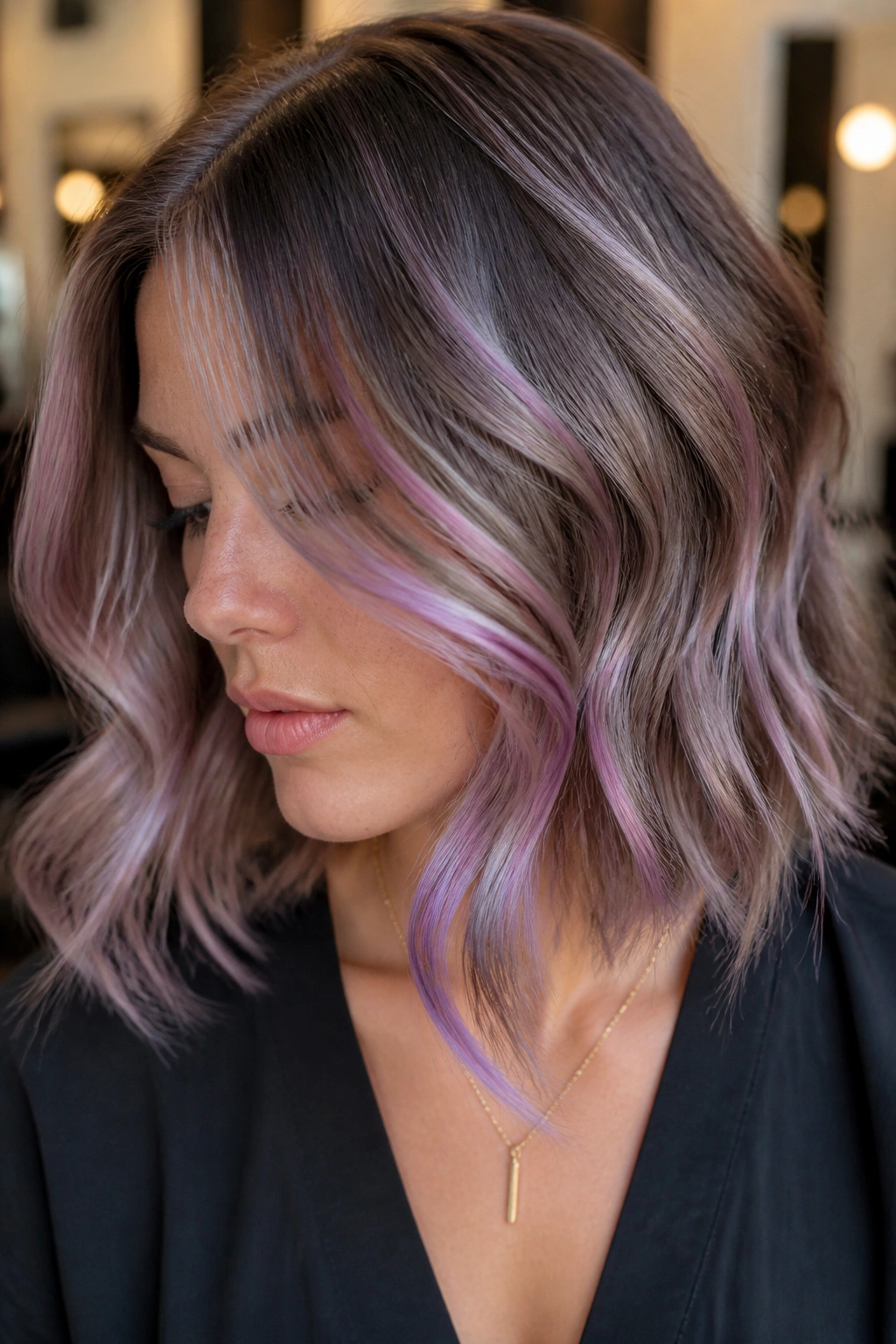 Close-up of Soft Mauve Ribbon Highlights in ash base hair on a real person