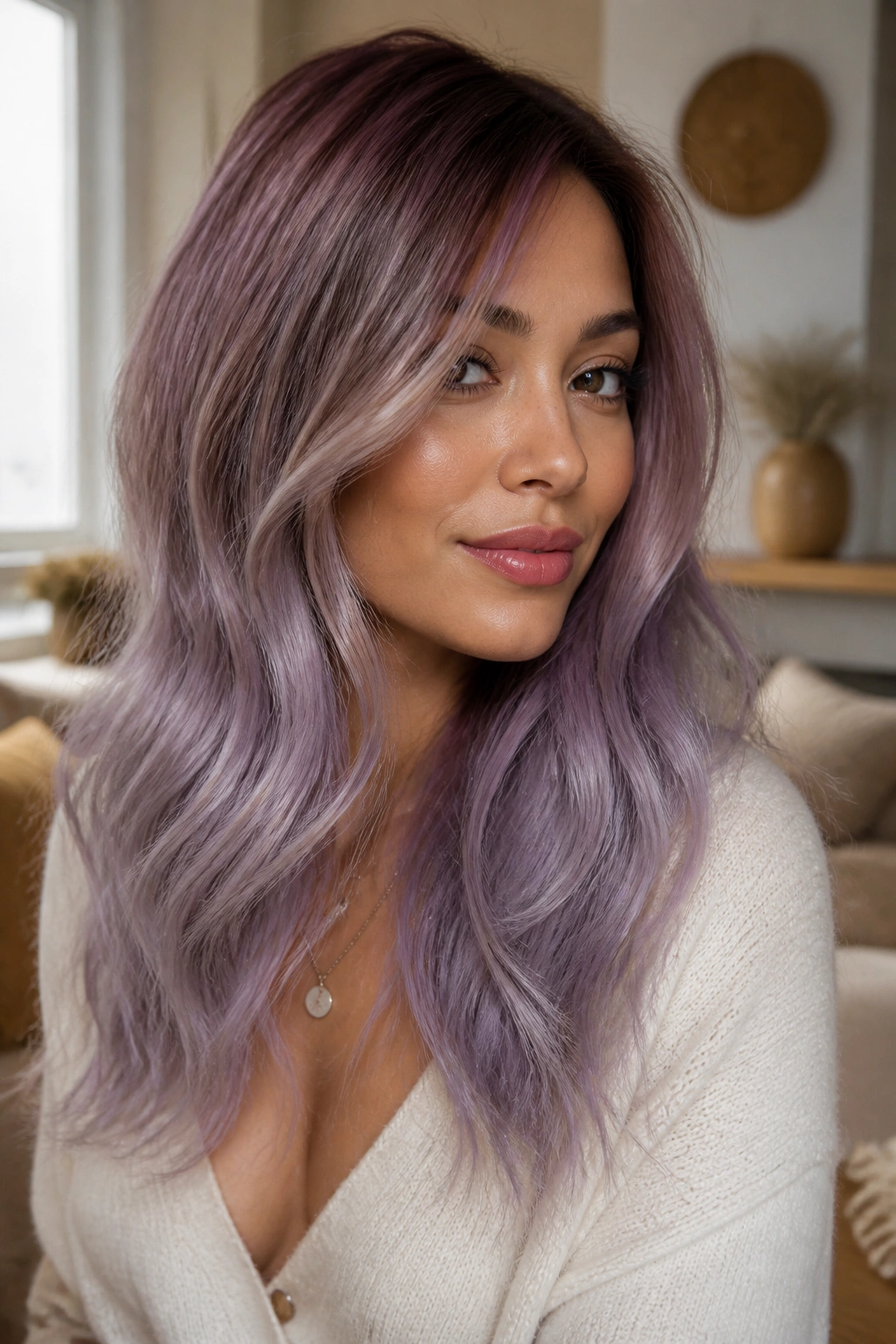 Close-up of a real woman showing mauve root melt blending into dusty lavender.