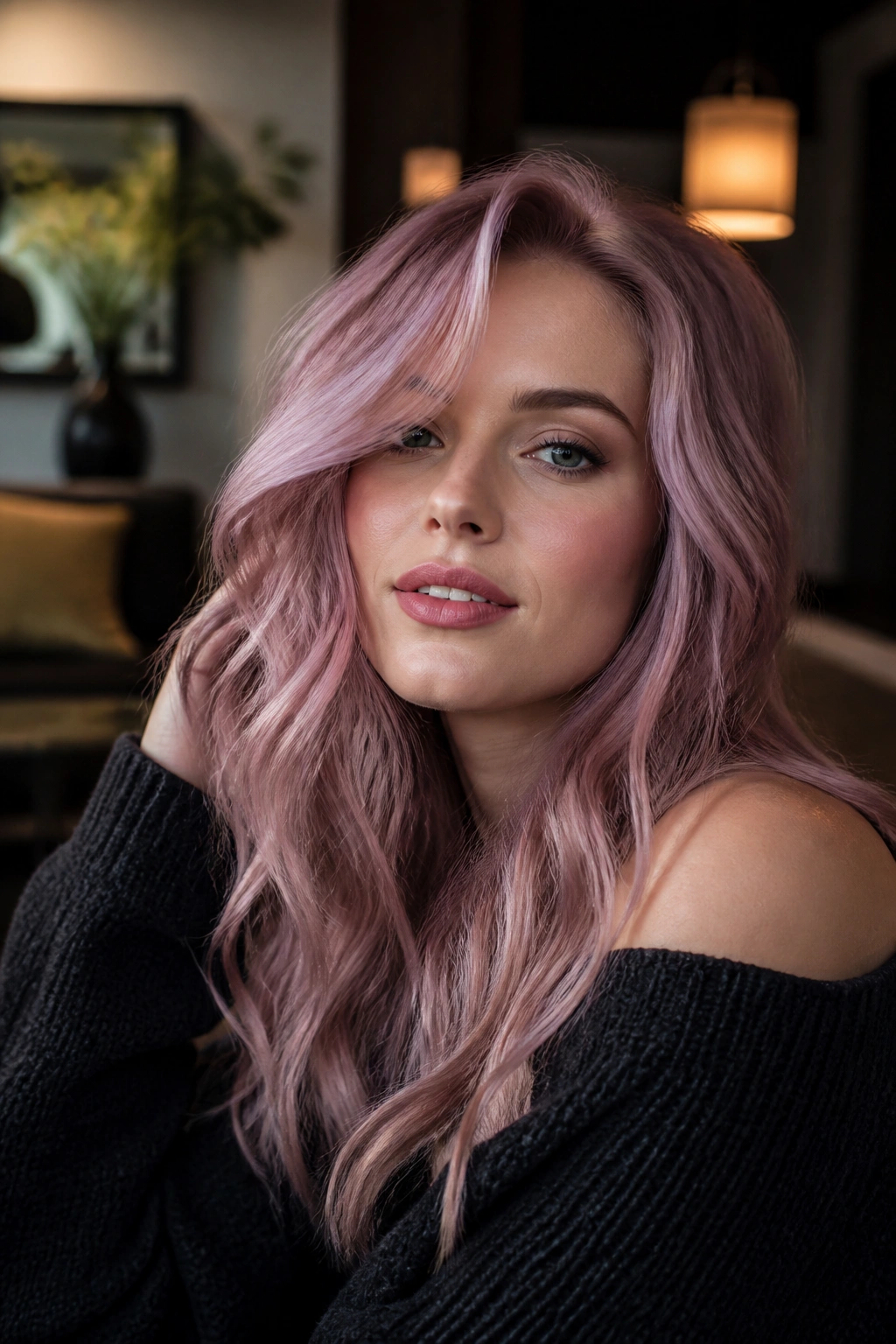 Close-up portrait of a real woman with mauve rose blonde hair in moody lighting