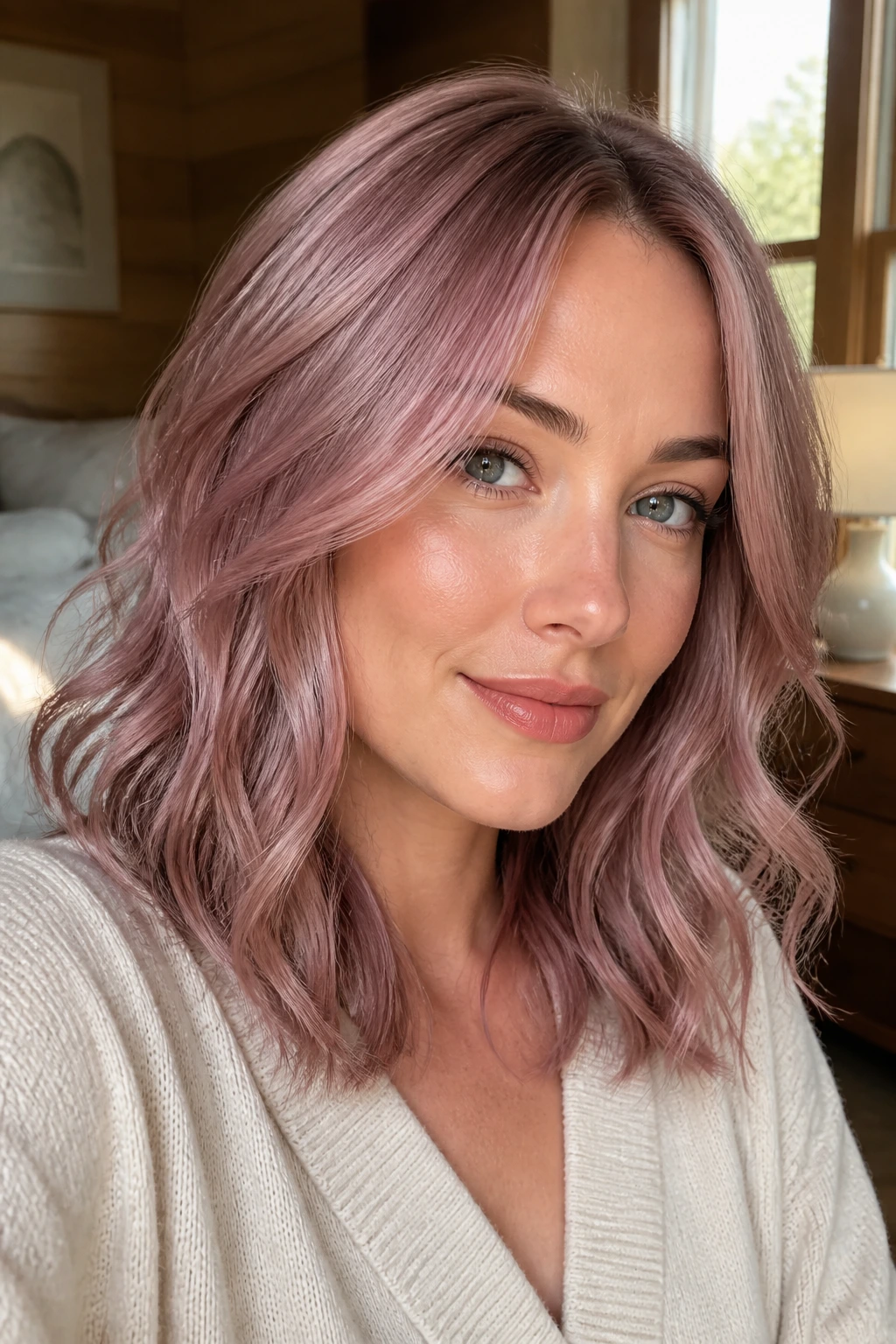 Close-up of a real woman with mauve rose gold mid-length layered hair in soft light.