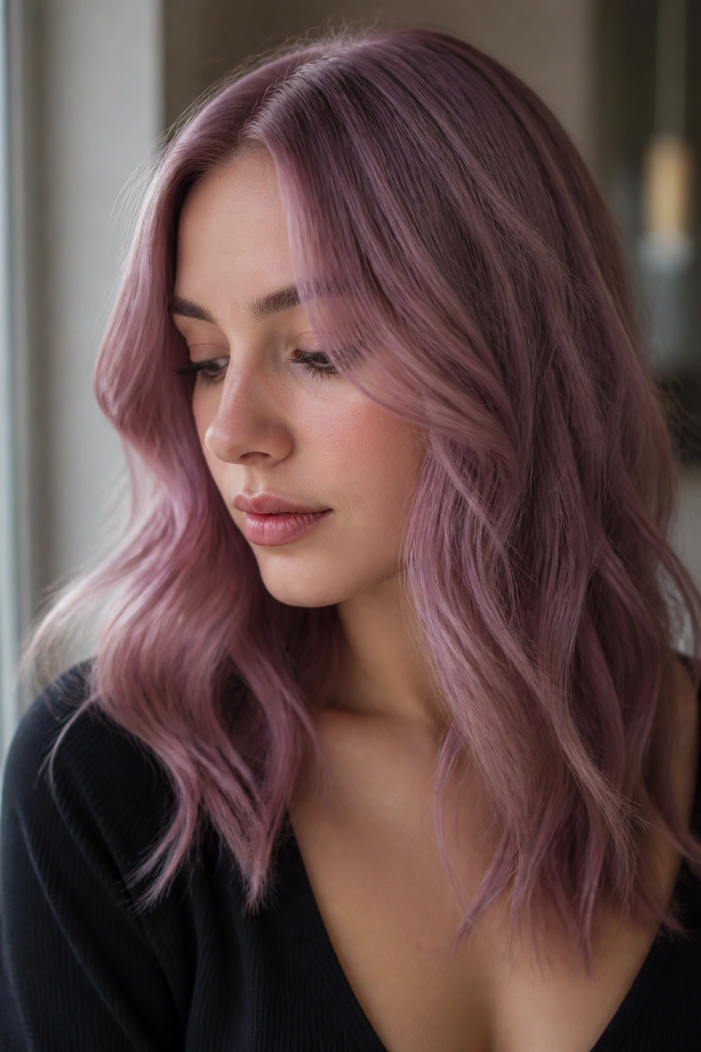 Close-up of a woman with mauve rose purple hair and soft waves