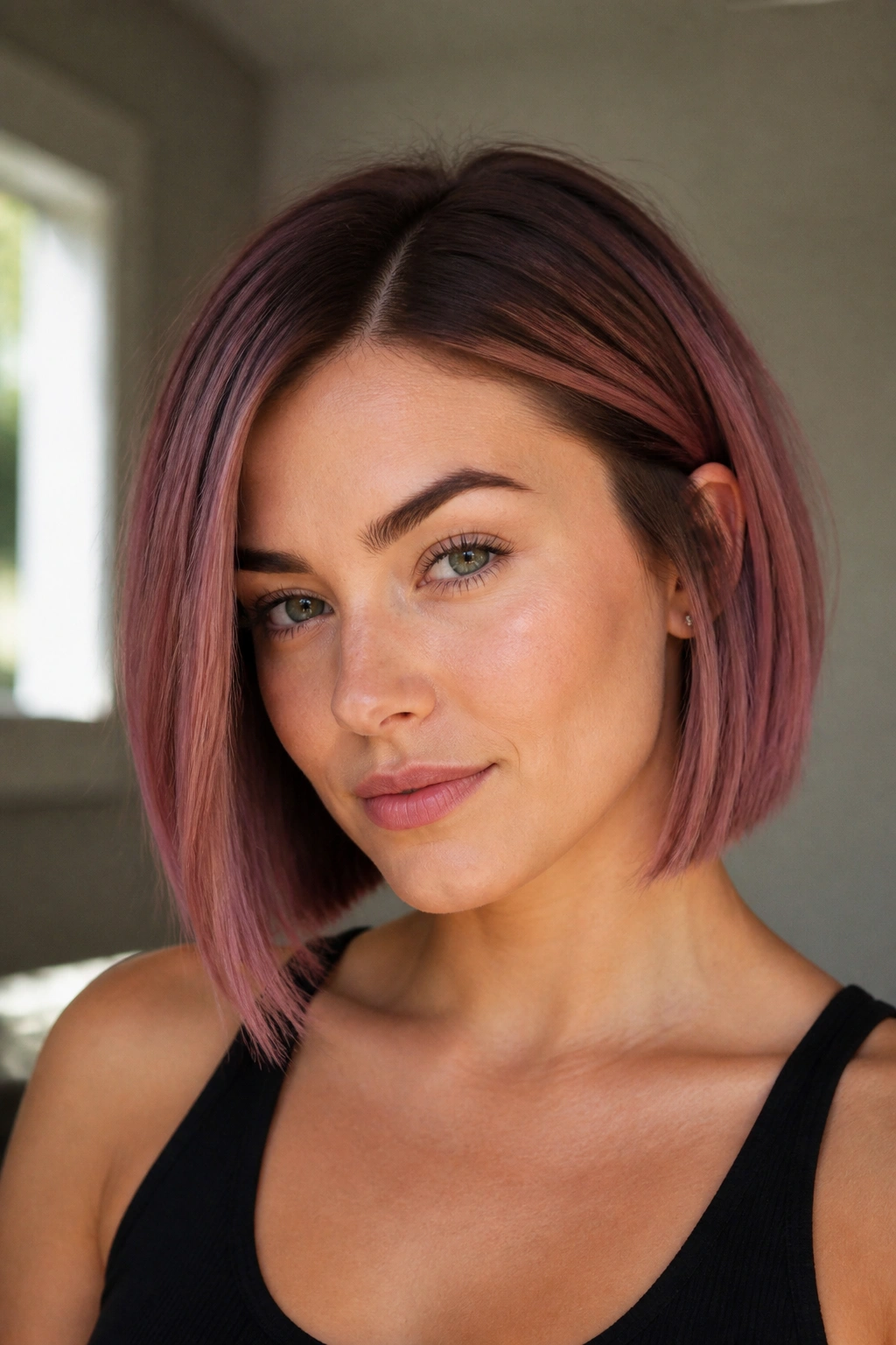 Mauve shadow-root bob close-up on real person with jaw-length cut and mauve shade