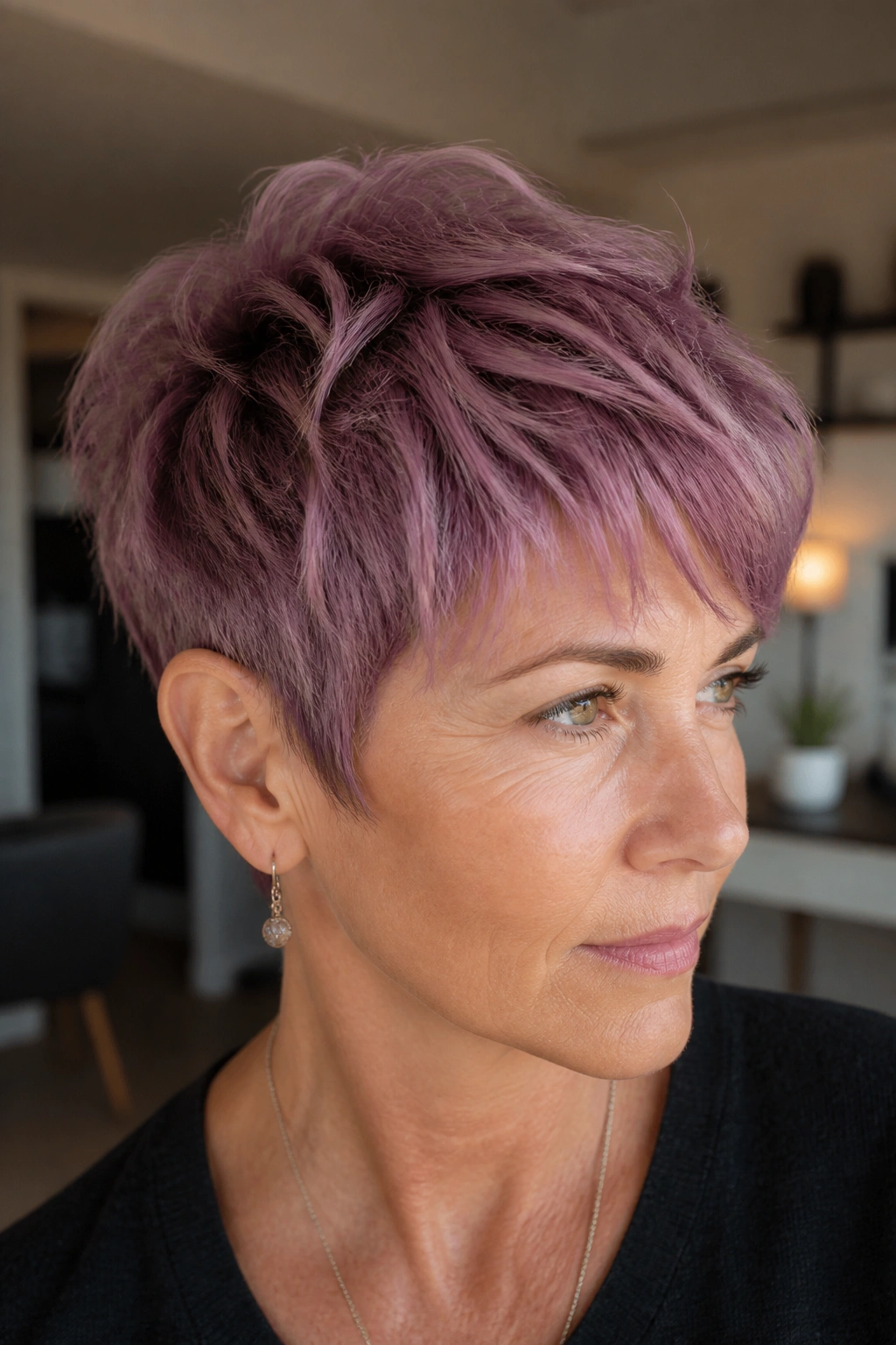 Close-up of a real person with a mauve shag pixie