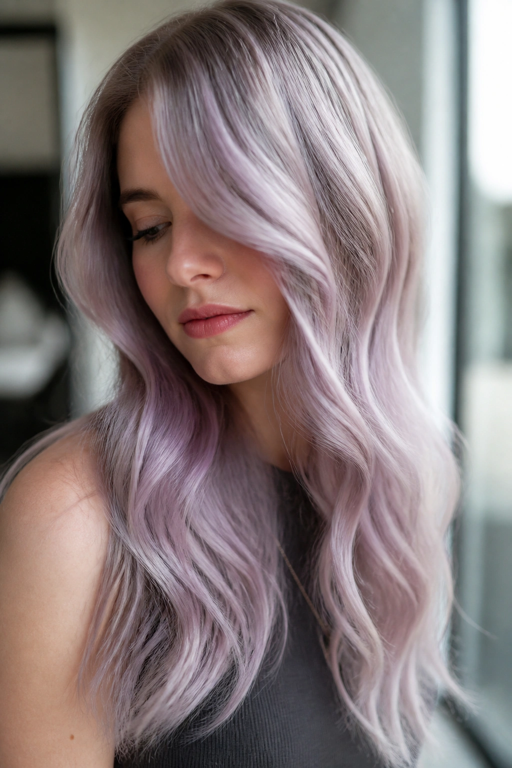 Close-up of person with mauve smoke on silver hair under soft light