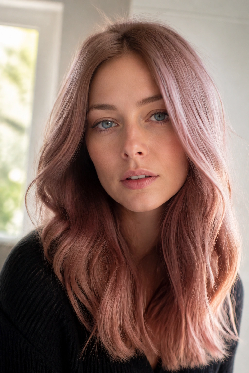Close-up portrait of a woman with mauve strawberry blonde hair in soft light